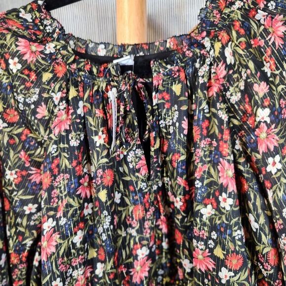 New Old Navy $50 XXL Blue Floral Shine Waist-Defined Boho Tie Neck Mini Dress - Picture 5 of 11
